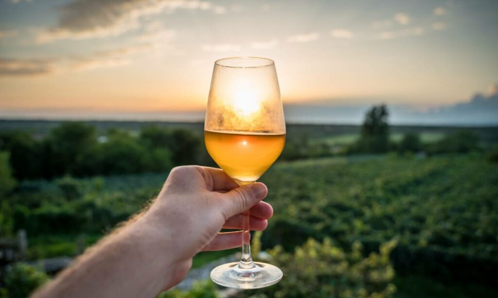 Zlati odtenki jantarnih vin v kozarcu